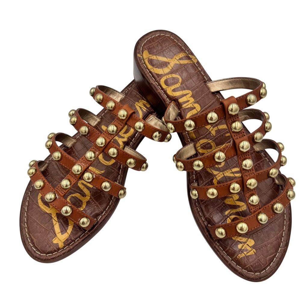 Sam Edelman Juniper Studded Gladiator Slide Sandal Brown Leather Gold 8.5 38.5 - Picture 2 of 15
